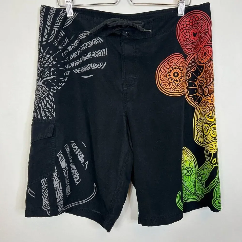 Disneyland Parks Mickey Mouse Swim Sz 36 Embellished Tribal Print Board Shorts